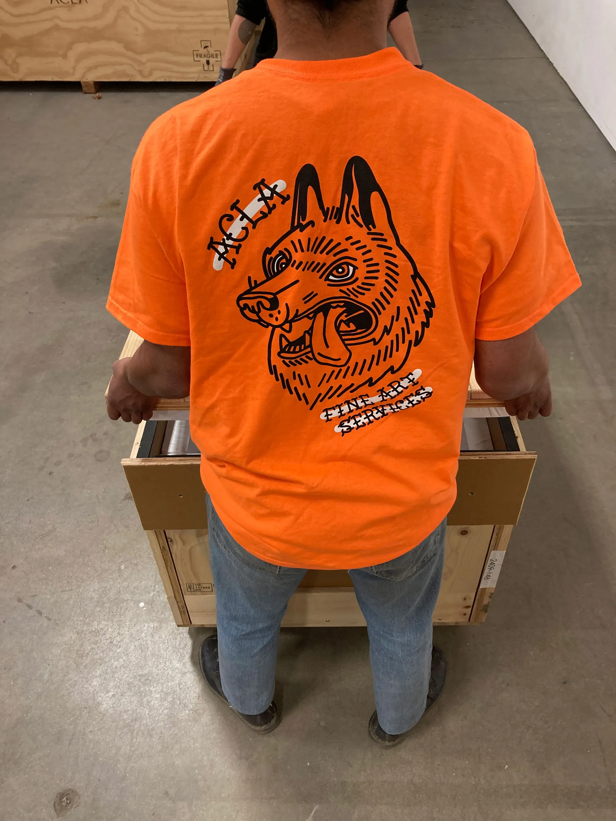 ACLA handler in branded shirt carrying crated artwork