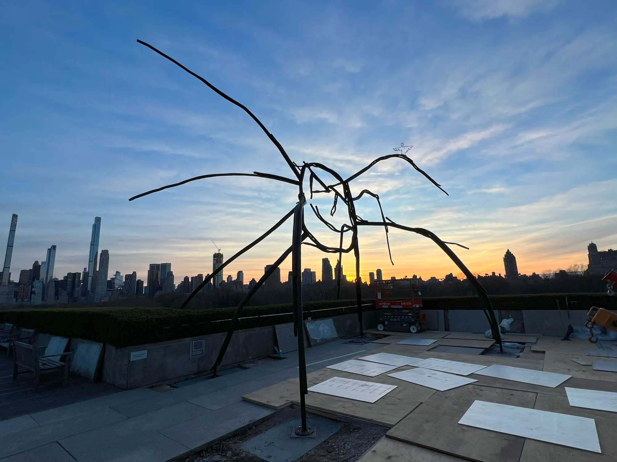 Spider sculpture on Met rooftop at sunset